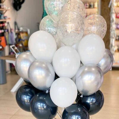 Bukiet balonów z helem czarne białe i przezroczyste ze złotym konfetti, balony z dostawą w Warszawie