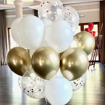 Bukiet balonów lateksowych złotych SHINE, białych i przezroczystych z konfetti