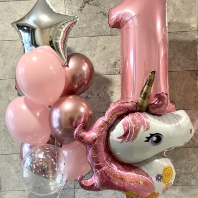Balony urodzinowe dla dziewczynki na roczek z jednorożcem