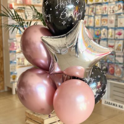 Balony Happy Birthday, srebrna gwiazdka i różowe shine