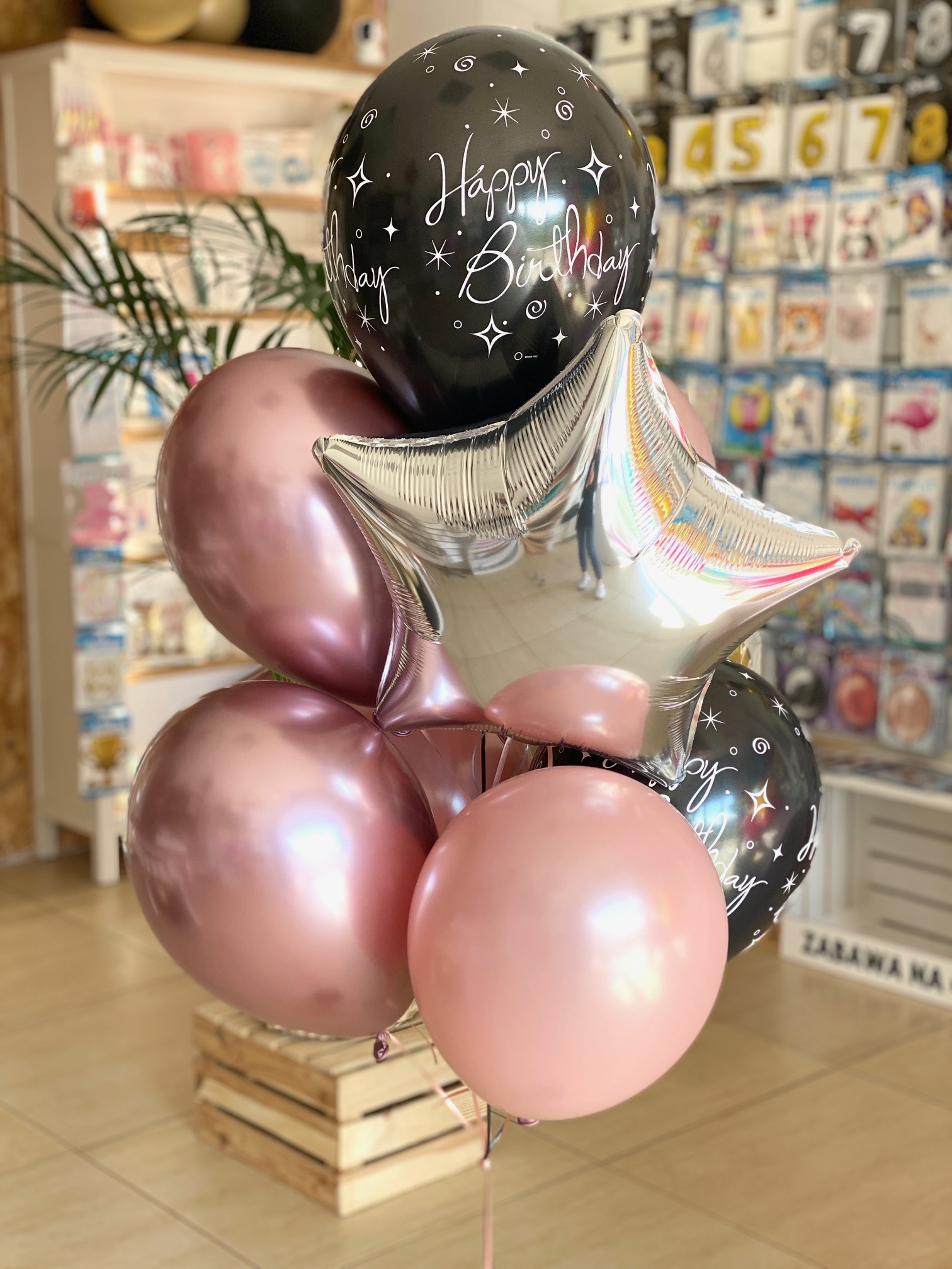 Balony Happy Birthday, srebrna gwiazdka i różowe shine
