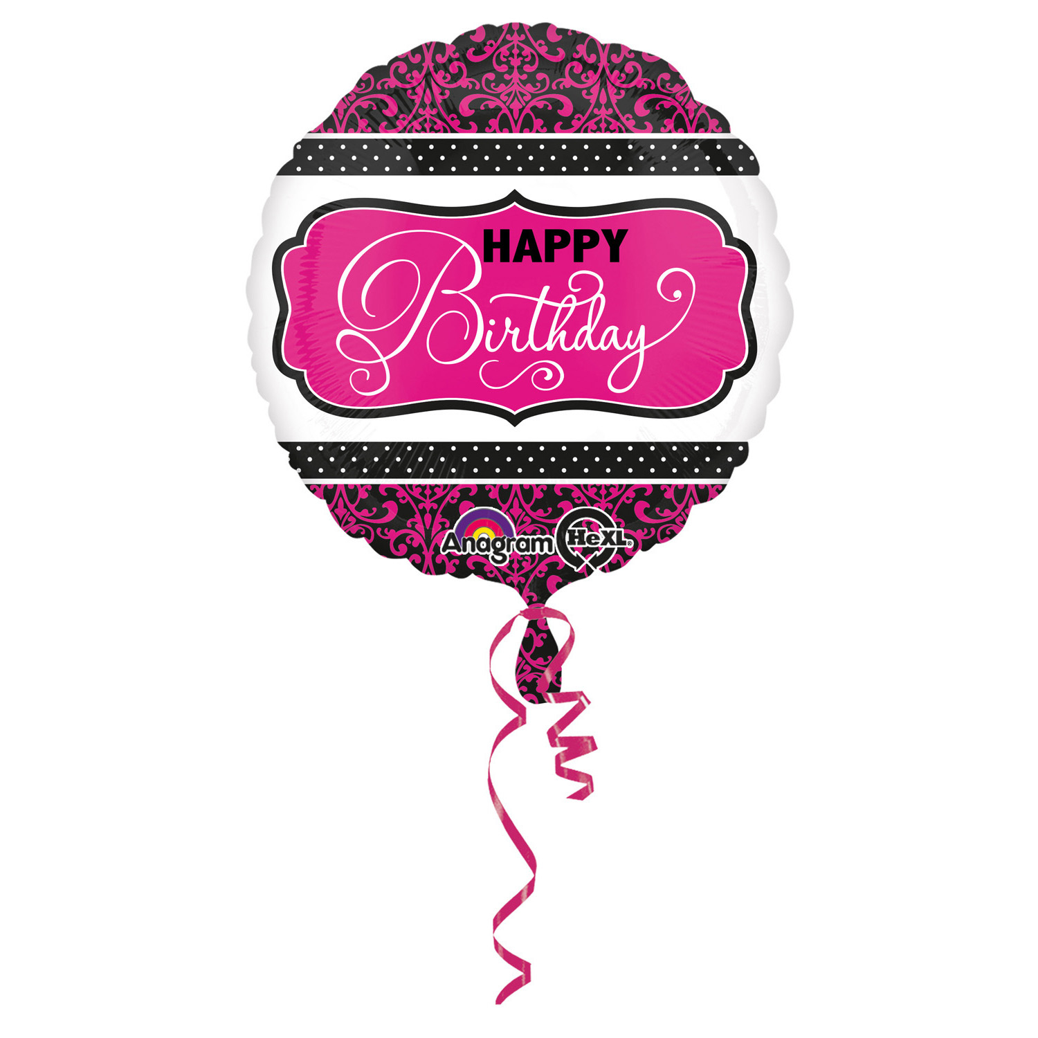 Balon foliowy Happy Birthday różowo czarny z helem 43cm, ANAGRAM