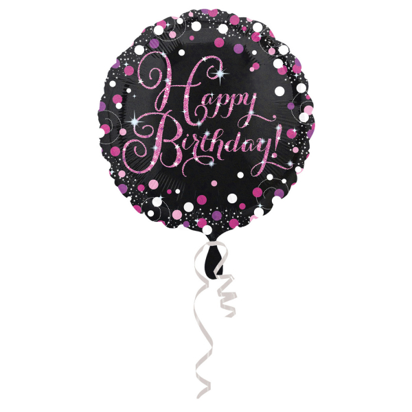 Balon foliowy okrągły HAPPY BIRTHDAY czarno różowy holograficzny z helem 45 cm ANAGRAM