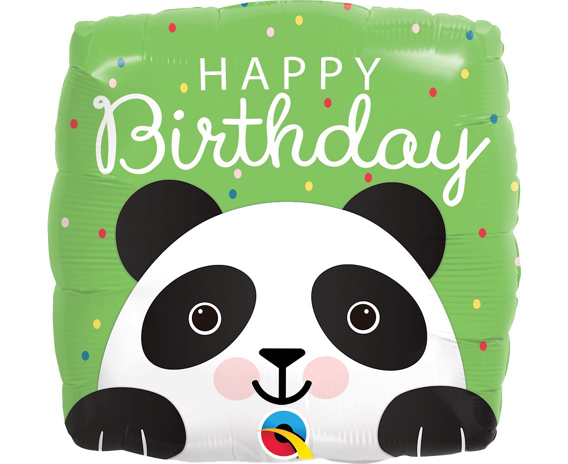 Balon foliowy kwadratowy "Happy Birthday" z pandą z helem 46 cm, QUALATEX