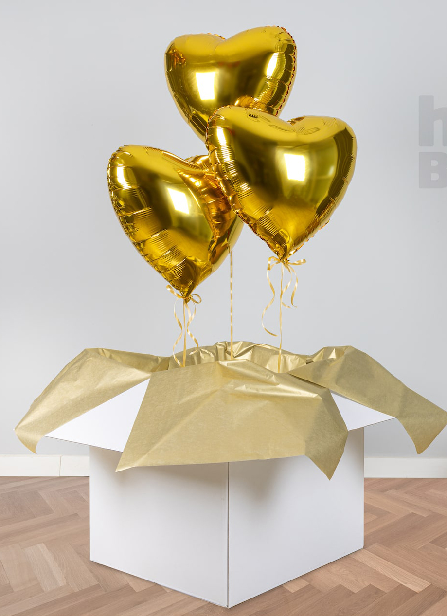 Złote serca - balony napełnione helem, w pudełku